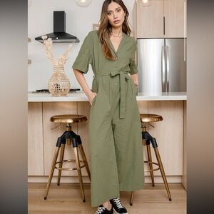 Lulus Your Lucky Day Olive Green Short Sleeve Culotte Jumpsuit - Size M